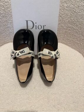 Dior Black Patent Leather Ballet Flats with Cream Logo Bow